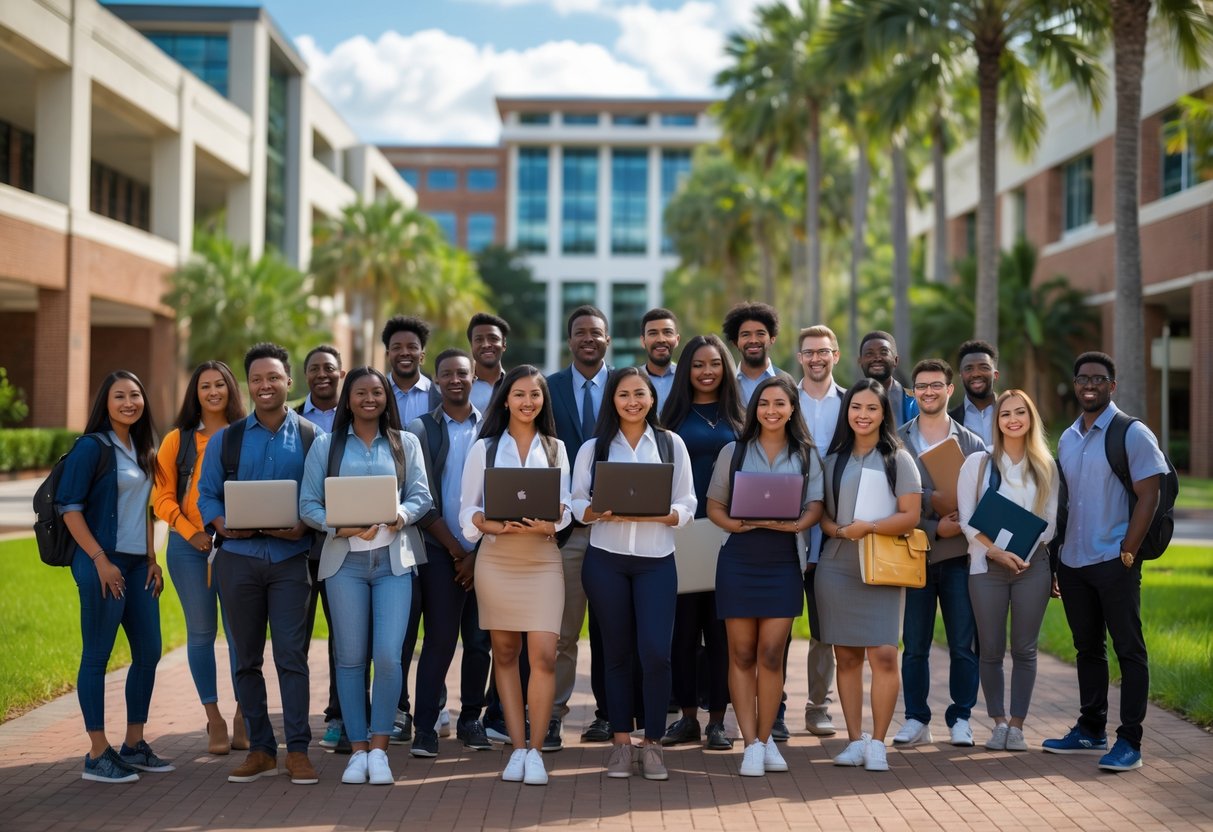 A diverse group of university students smiling outdoors on a university campus with modern buildings and greenery in the background.