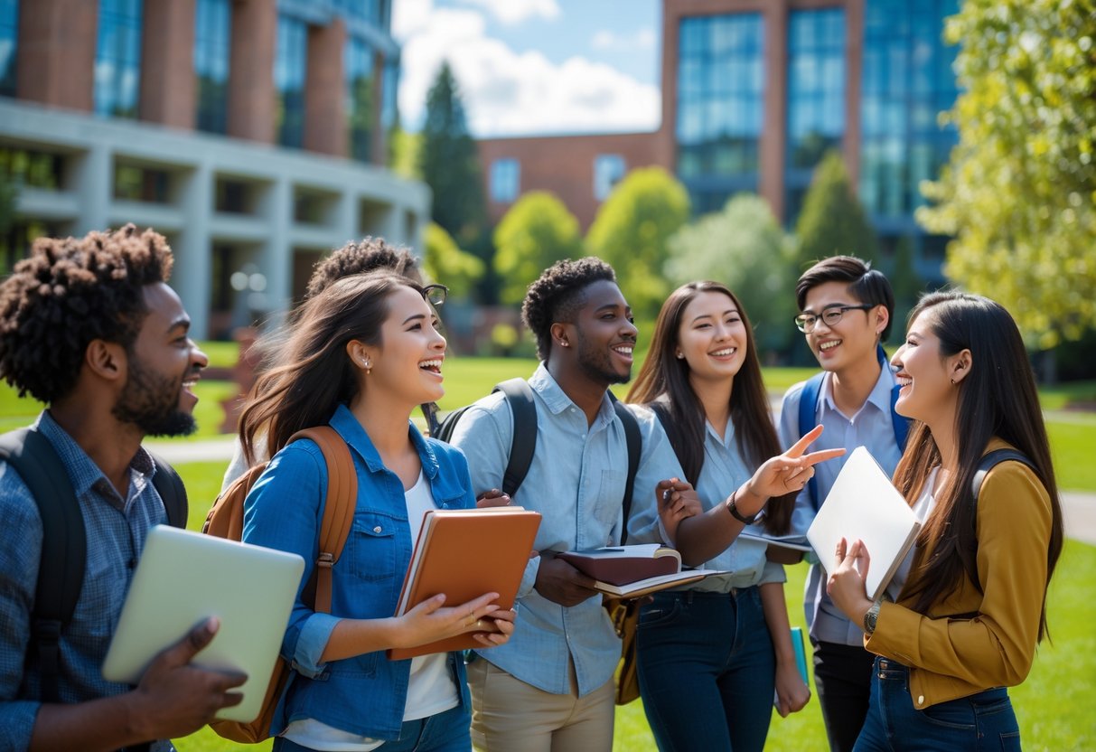 A group of diverse university students smiling and talking outdoors on a sunny day at a university campus.