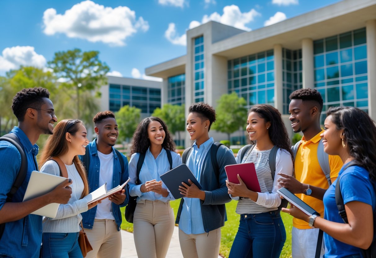 A diverse group of college students studying and talking together outside a university building on a sunny day.