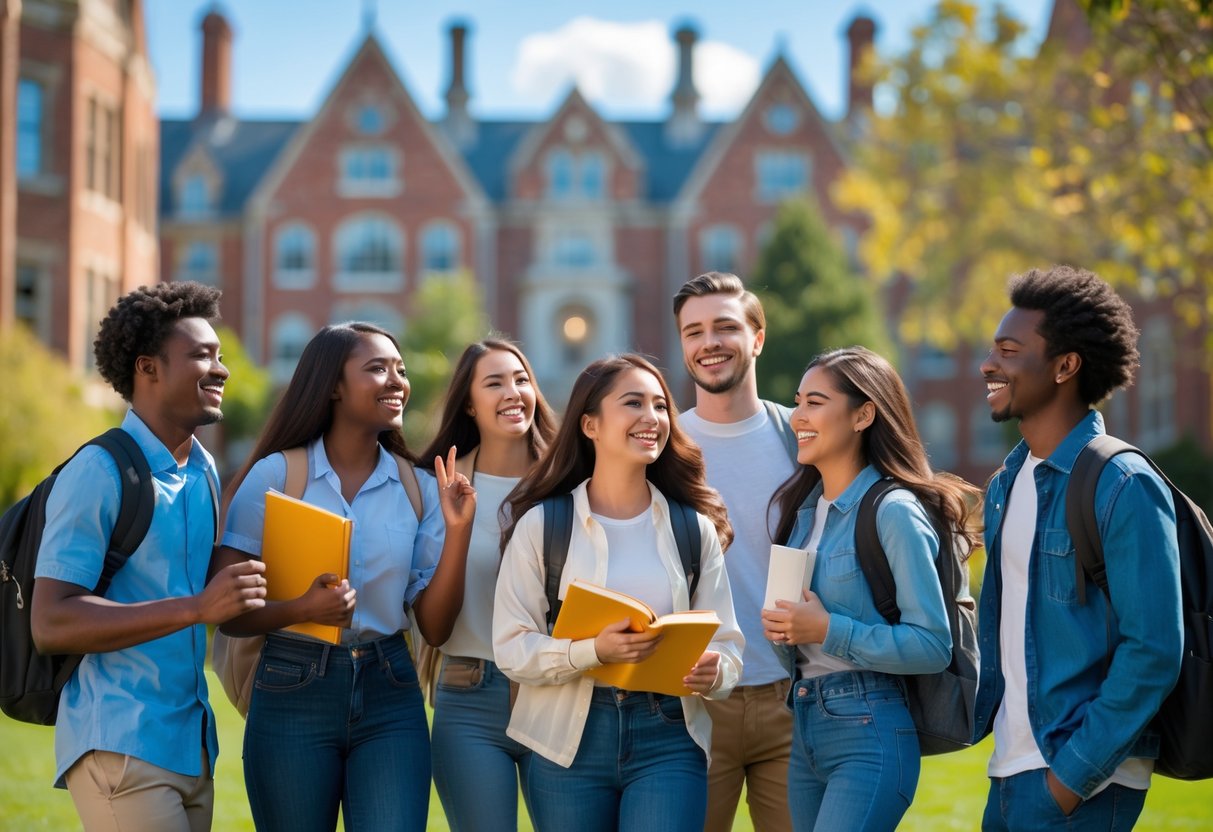 A group of diverse university students smiling and celebrating together outdoors on a university campus.