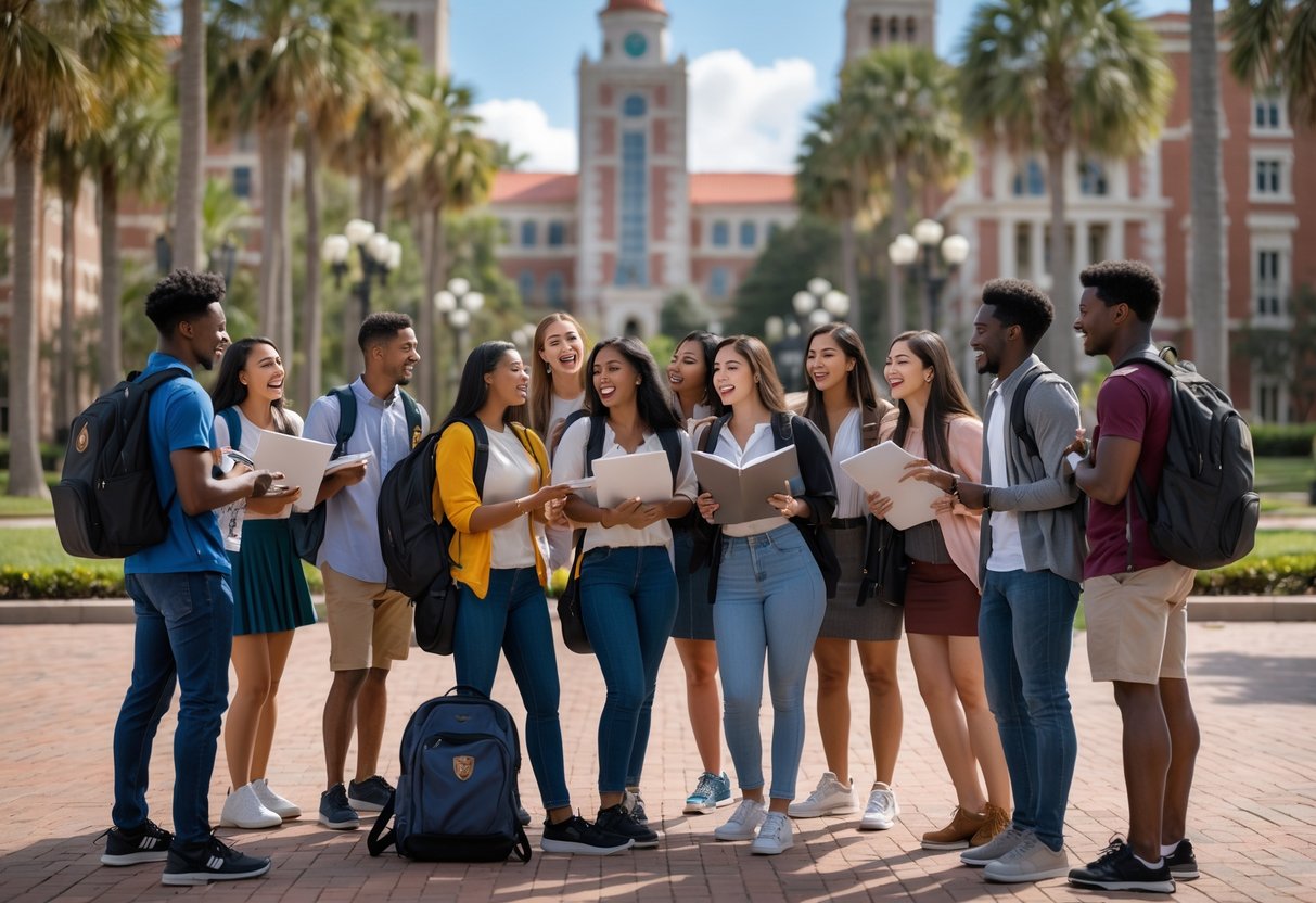A group of college students studying and talking together outdoors on a university campus with academic buildings and palm trees in the background.