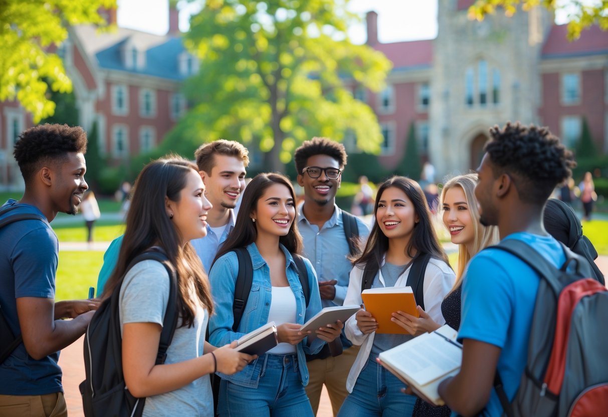 A group of diverse college students studying and talking together outdoors on a university campus with trees and buildings in the background.