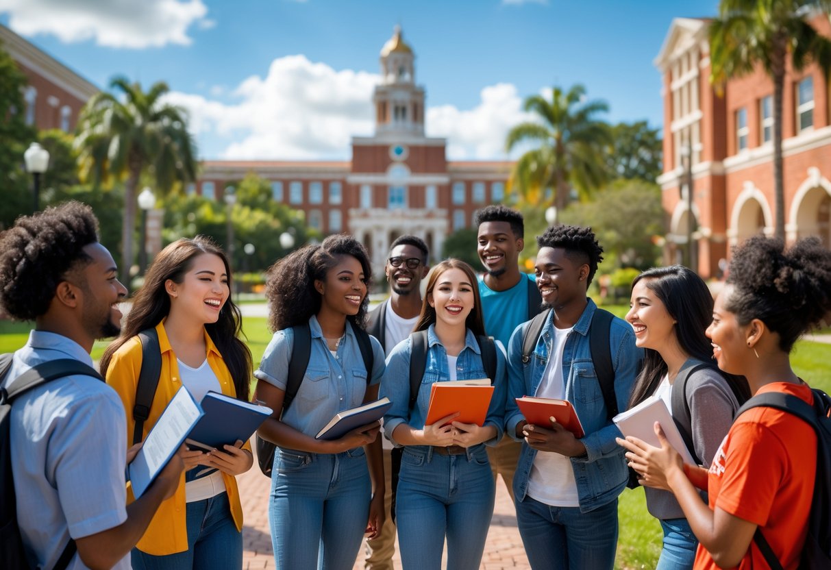 A group of diverse college students smiling and interacting outdoors on a university campus with buildings and trees in the background.