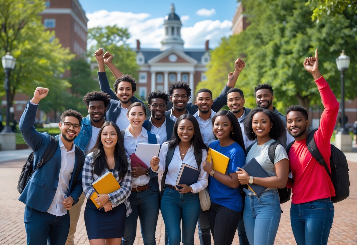 A group of diverse college students smiling and talking outdoors on a university campus with buildings and trees in the background.