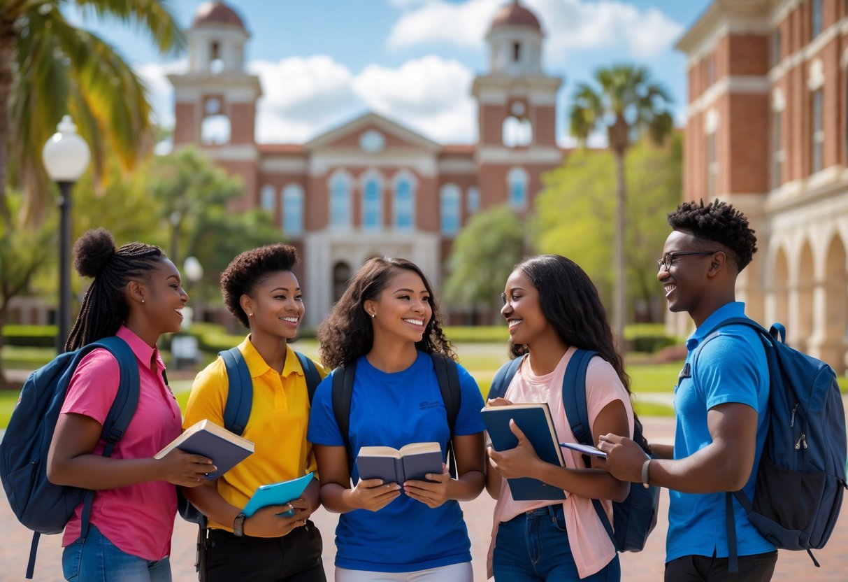 A group of diverse college students smiling and talking outdoors on a university campus with buildings and trees in the background.