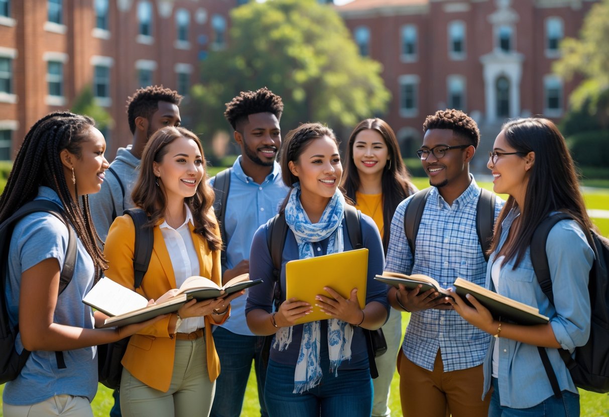 A diverse group of college students studying and talking together outside on a university campus with brick buildings and green lawns in the background.