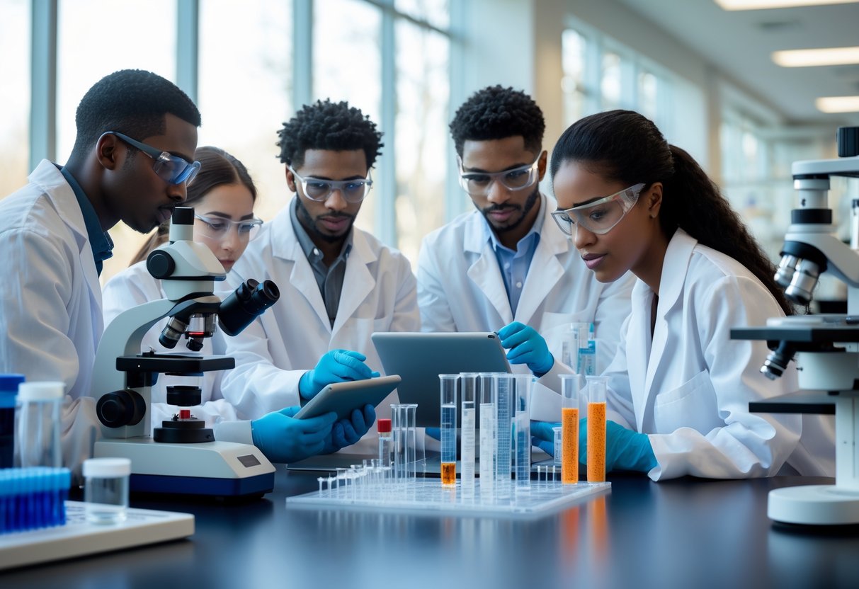 A group of young researchers in lab coats working together in a university biotechnology laboratory with scientific equipment and computers.