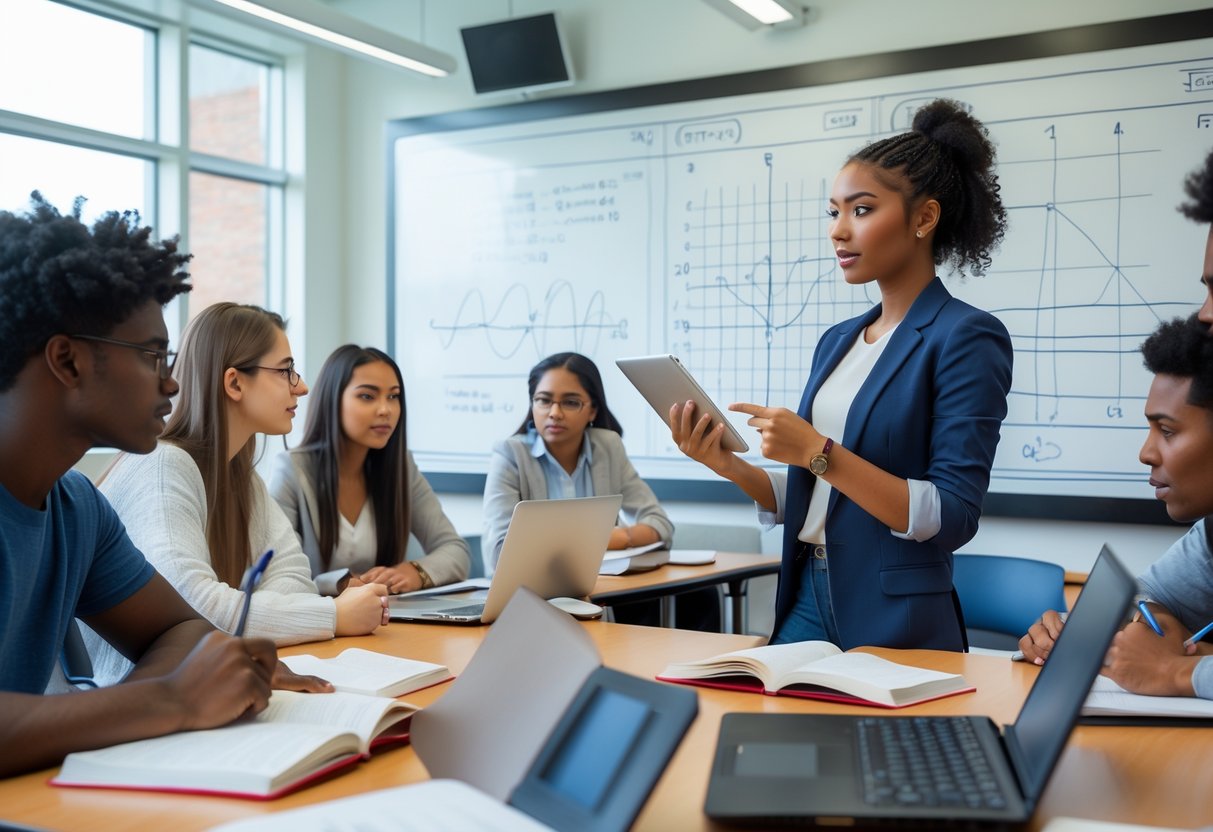 A young woman teaching mathematics to a group of students in a bright university classroom with equations on a whiteboard.