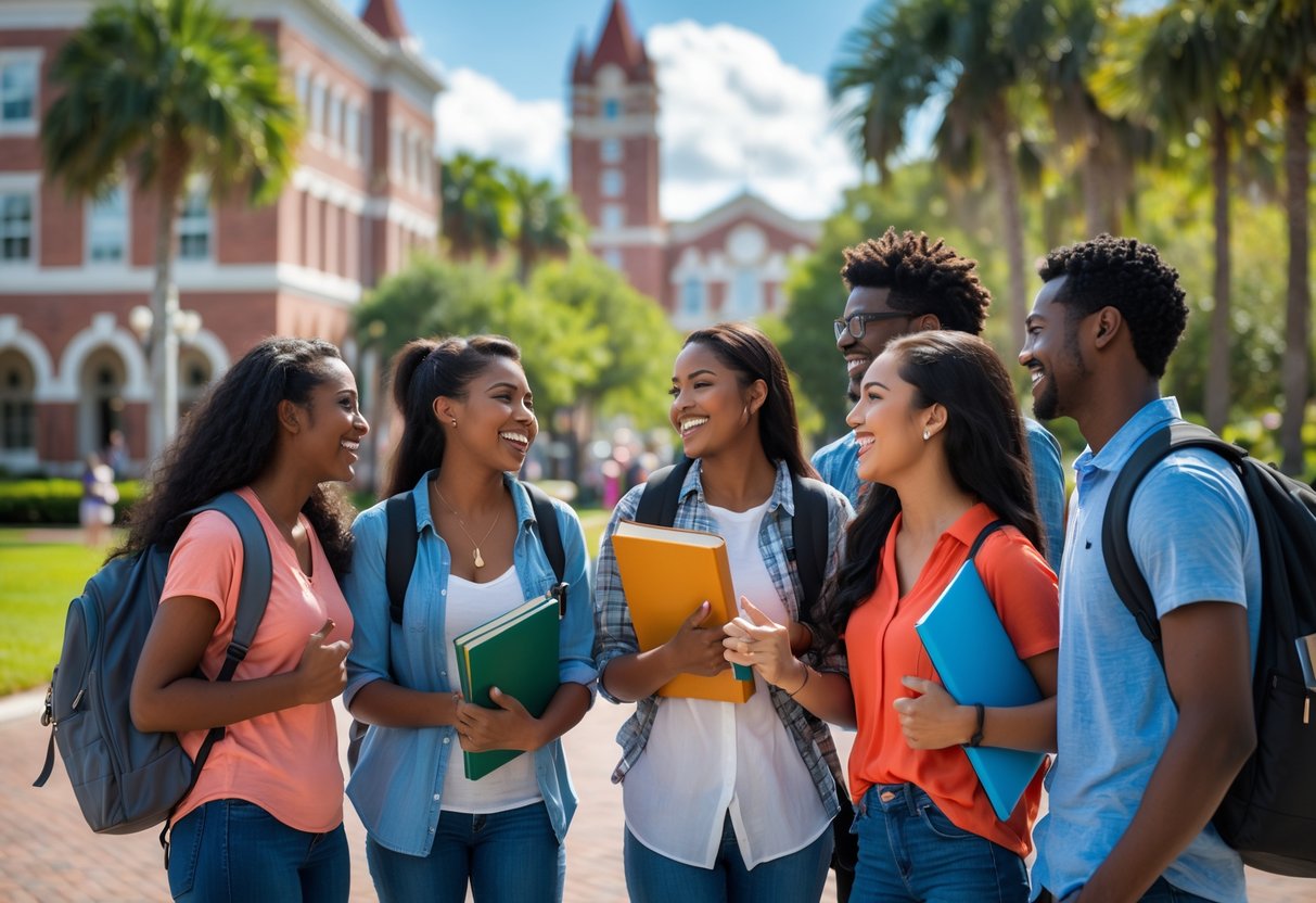 A group of diverse college students smiling and talking outdoors on a university campus with buildings and trees in the background.