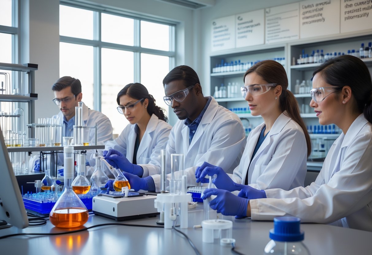 Researchers in lab coats working with chemical equipment in a bright university laboratory.