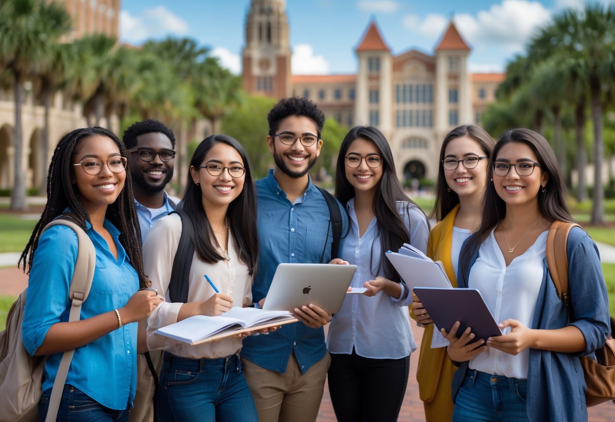 A group of graduate students studying together outdoors on a university campus with buildings and trees in the background.