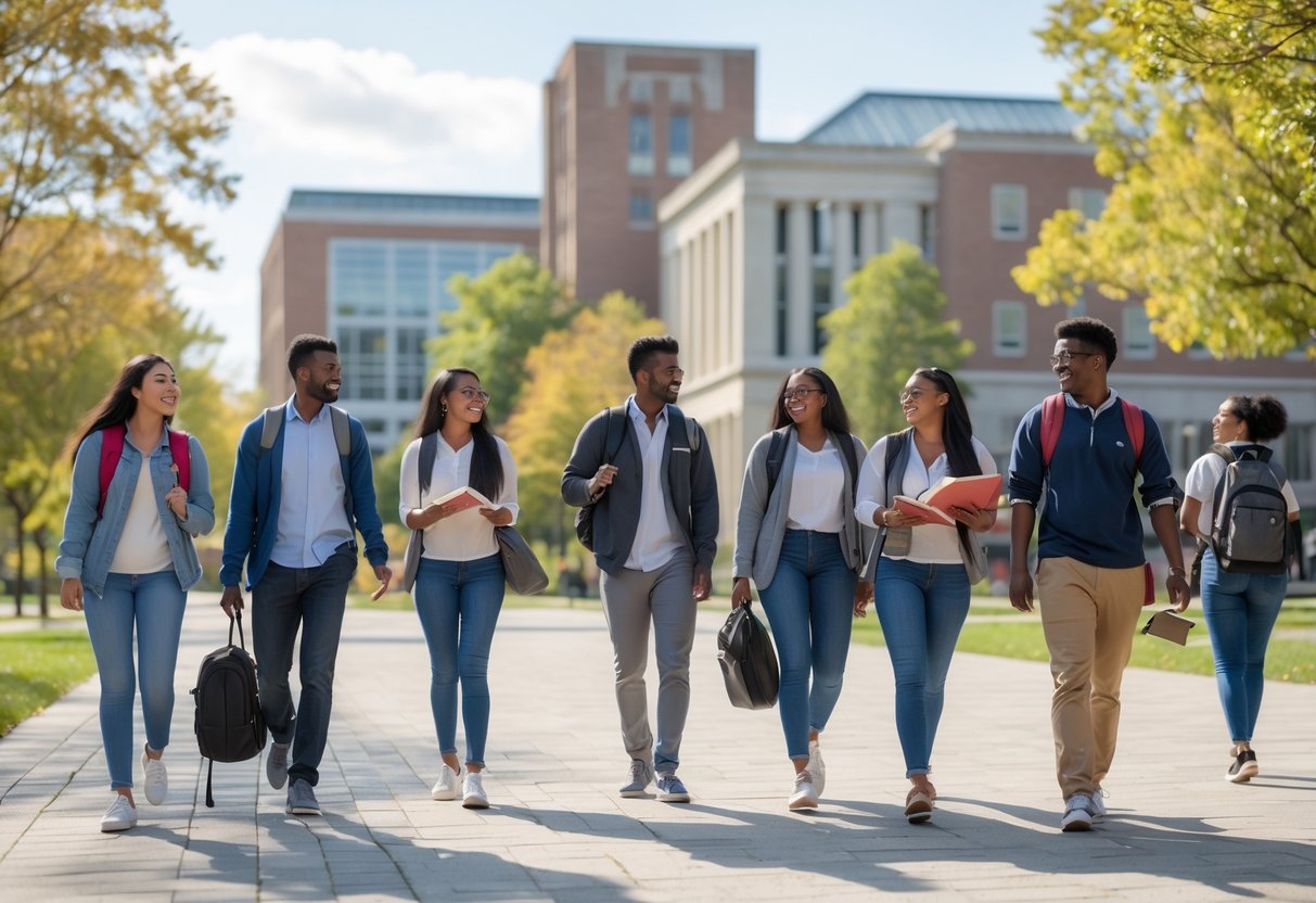 A group of diverse college students walking and talking on a university campus with buildings and green spaces in the background on a sunny day.