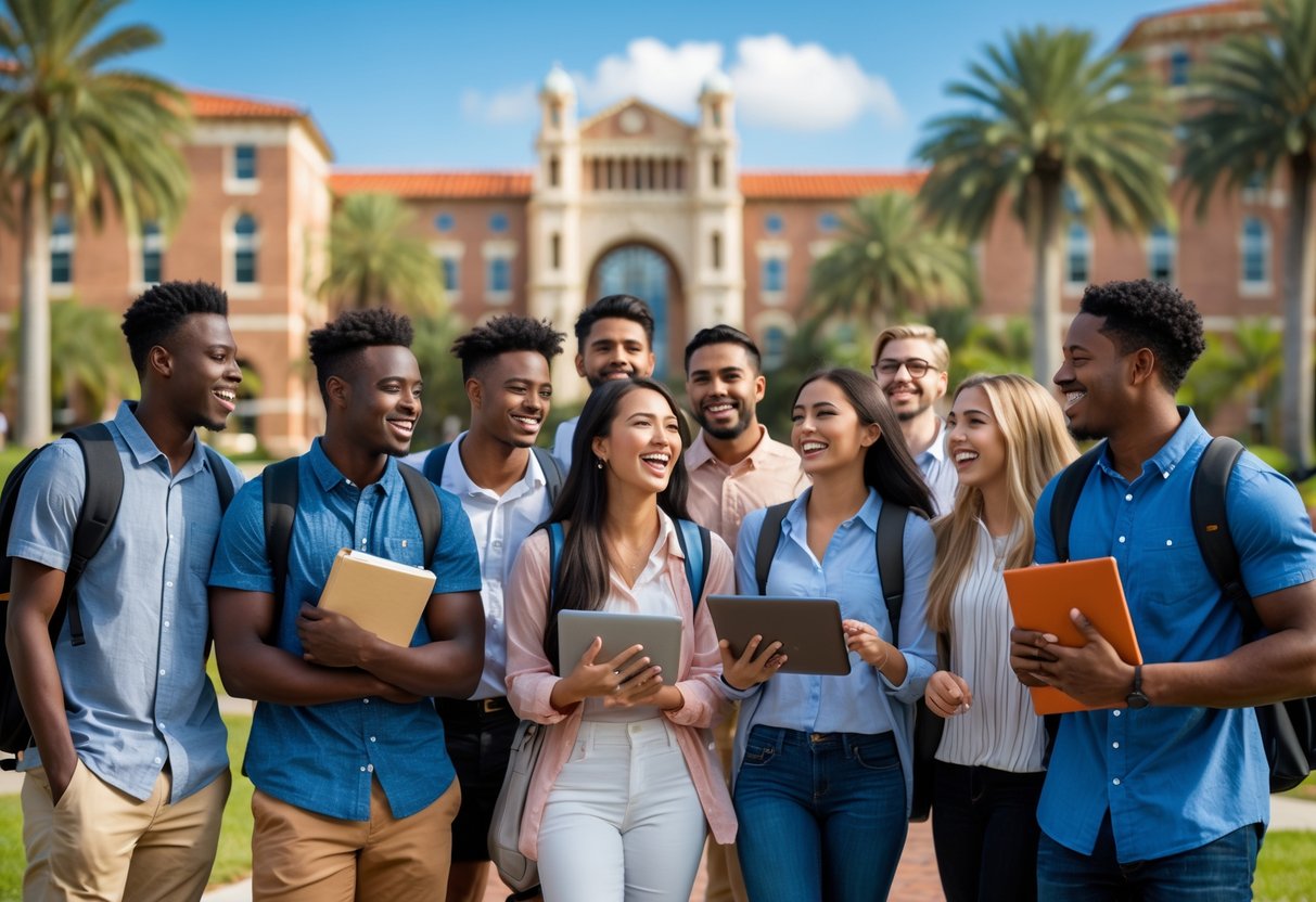 A diverse group of undergraduate students smiling and holding books outdoors on a university campus with palm trees and academic buildings in the background.