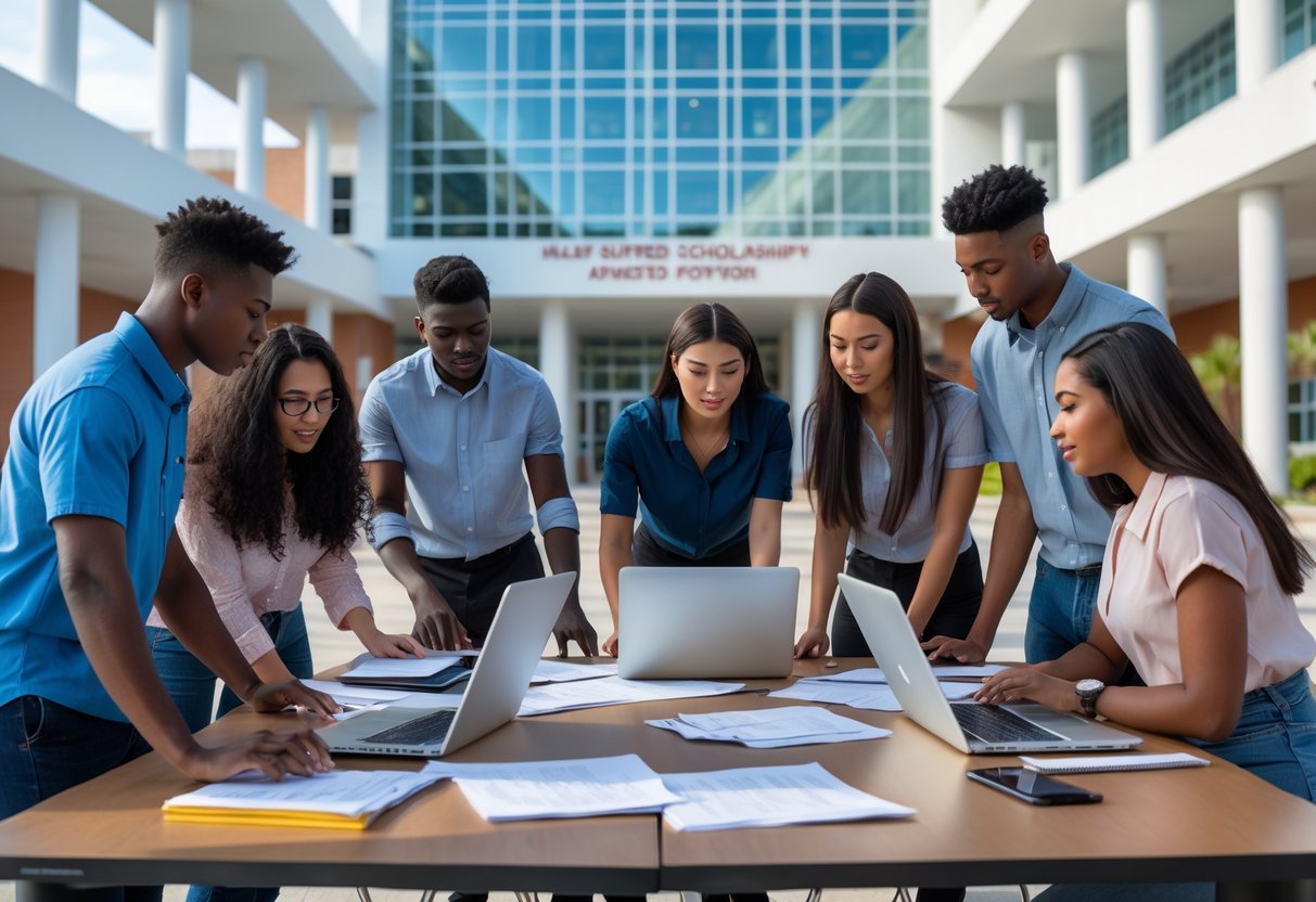 A group of diverse students working together with laptops and documents in a bright university setting.