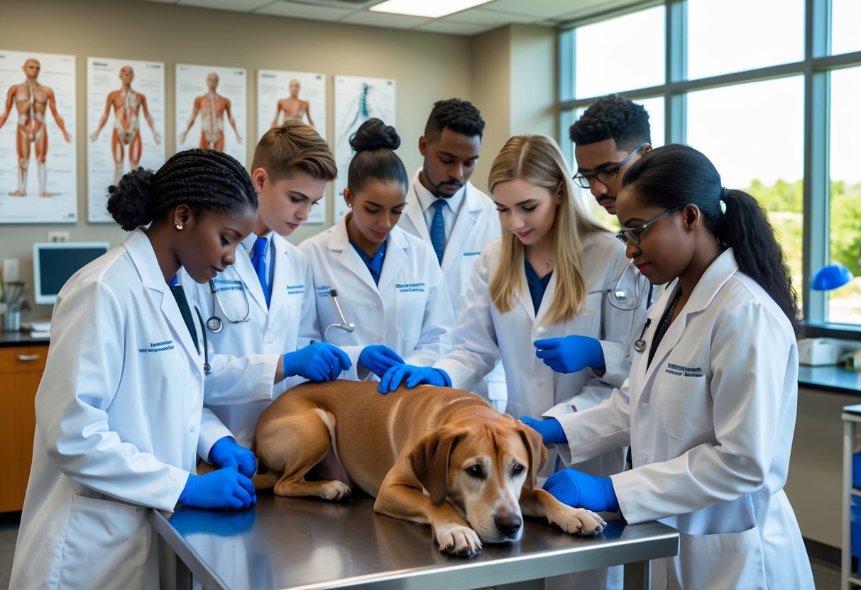 Veterinary students and a professor examining a dog in a university veterinary clinic.