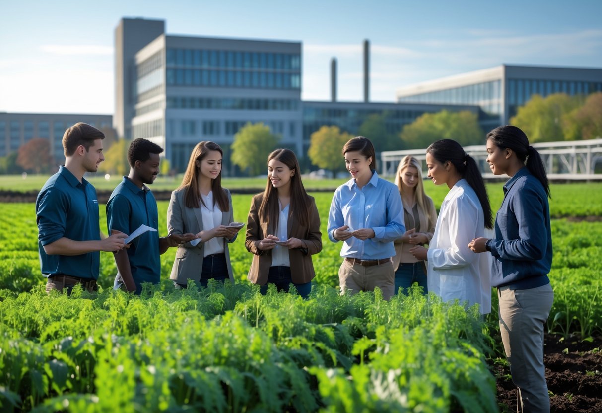 A group of graduate students studying agricultural crops outdoors near university buildings.