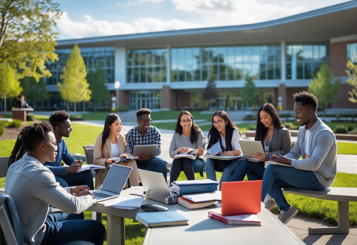 A diverse group of university students studying and discussing outdoors on a sunny day at a modern university campus.