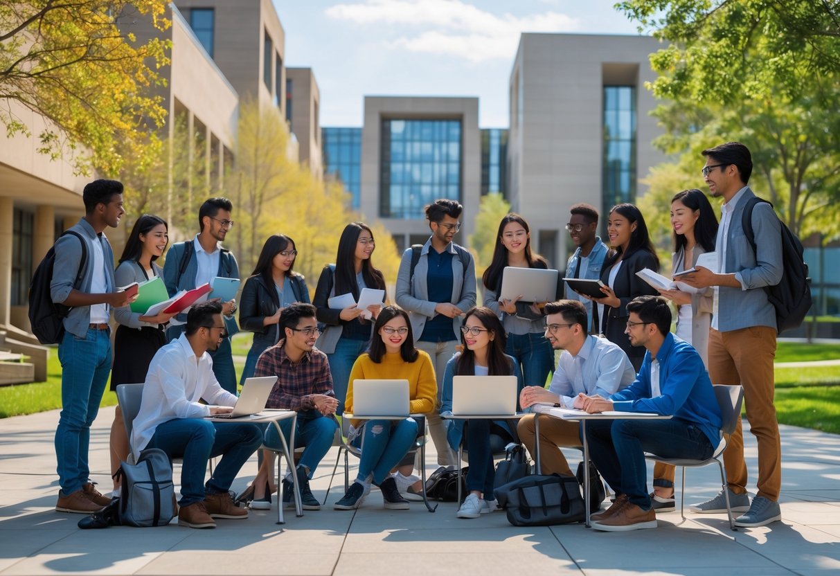 A group of diverse university students and researchers collaborating outdoors on a university campus with modern buildings and greenery in the background.