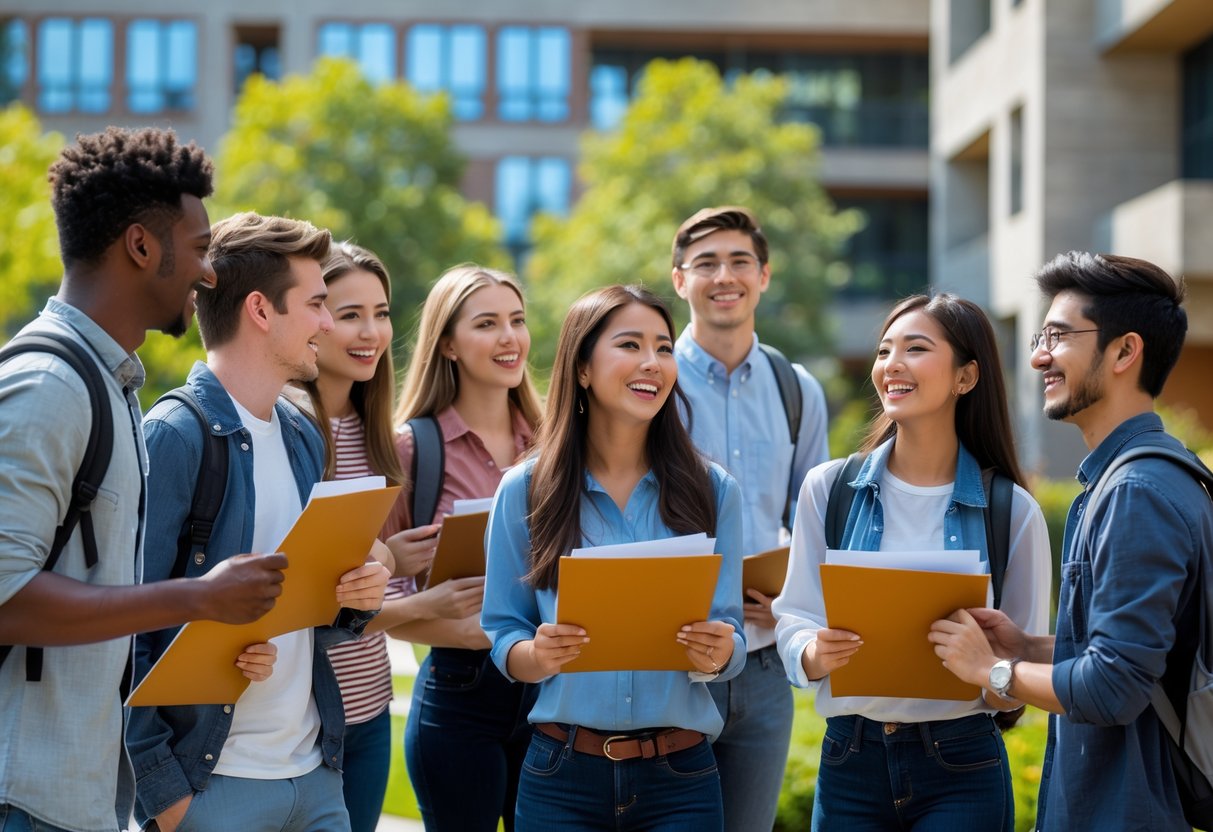 A group of diverse college students smiling and holding documents outdoors on a university campus.