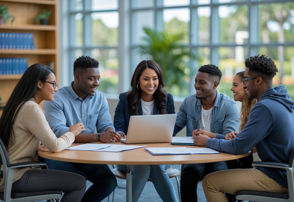 A group of diverse college students discussing documents and laptops around a table in a bright university room.