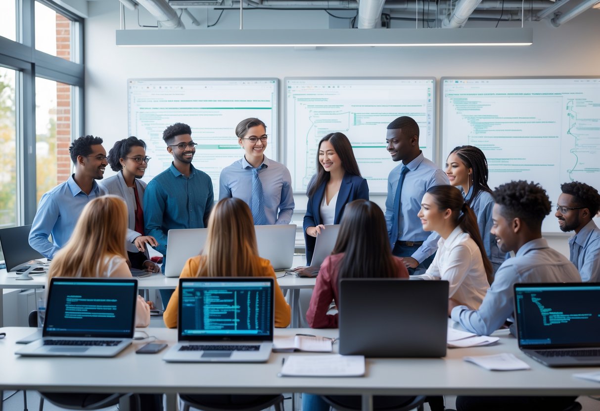 University students and faculty collaborating on computer science projects in a modern classroom with laptops and whiteboards.