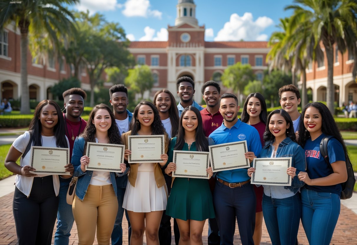 A diverse group of college students outdoors on a university campus celebrating scholarship awards with smiles and certificates.