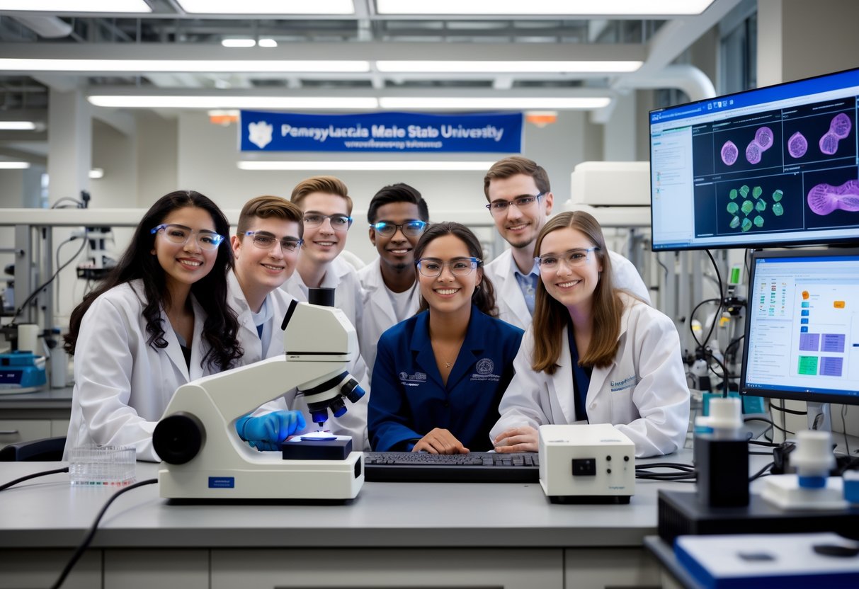 A group of students and a professor working together in a biomedical engineering lab with advanced equipment at a university.