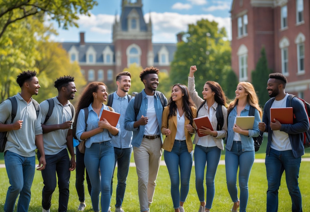 A group of diverse college students smiling and talking outdoors on a university campus with buildings and trees in the background.