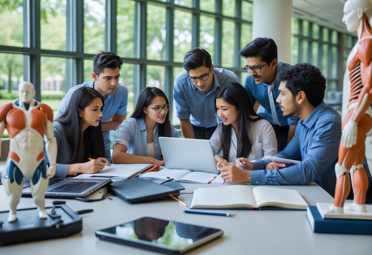 A diverse group of students studying sports science together in a bright university study room with scientific equipment and textbooks.