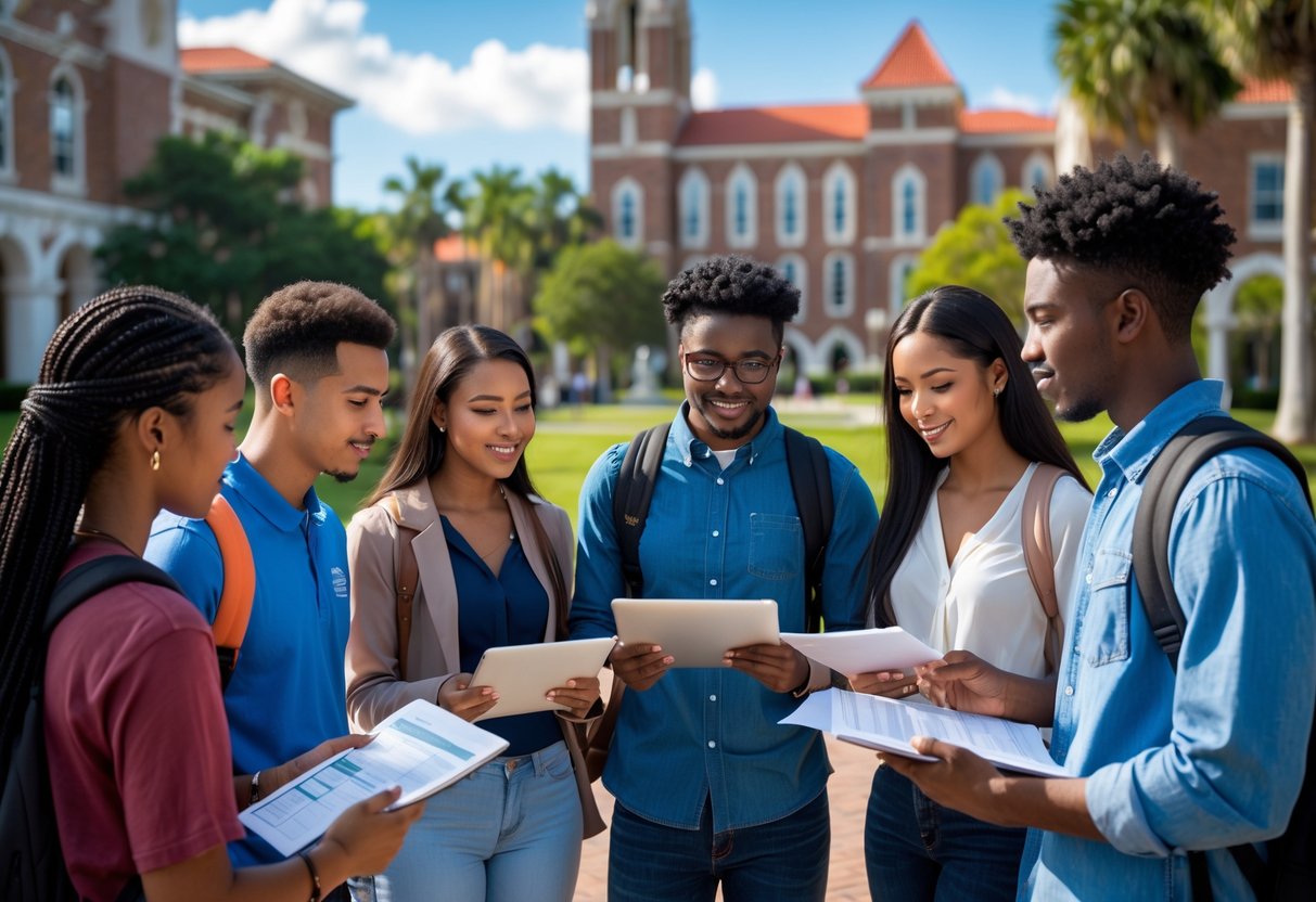 A diverse group of students discussing documents and laptops outdoors on a university campus with buildings and greenery in the background.