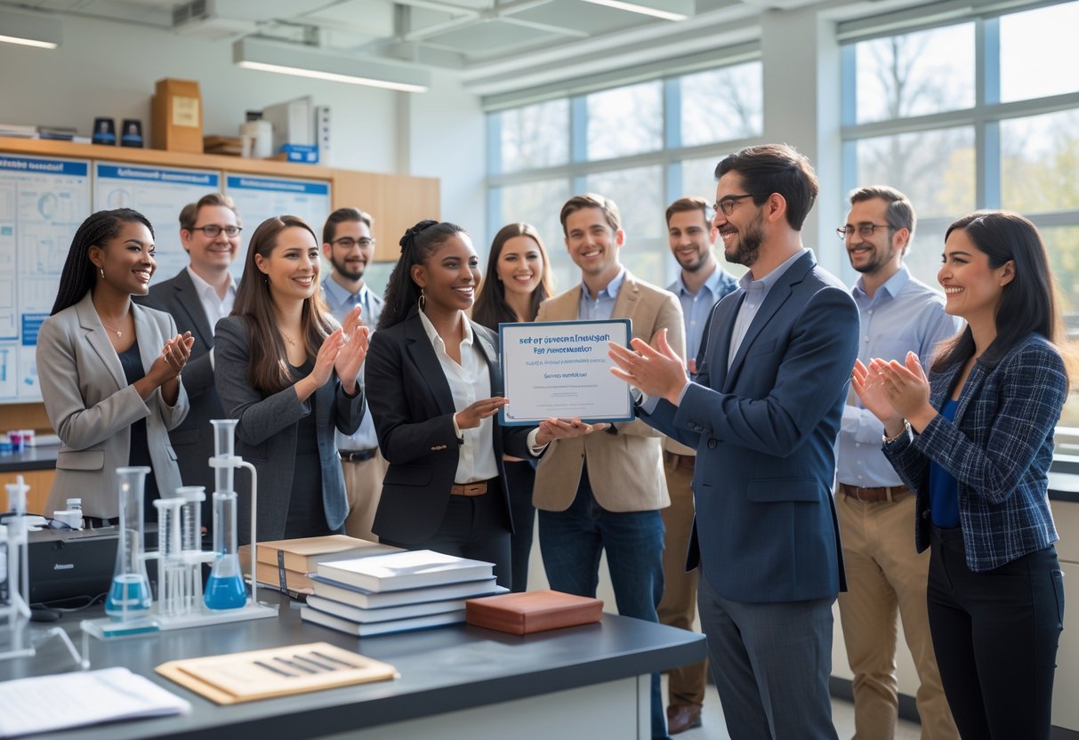 A group of university students and faculty celebrating a young woman receiving a psychology research grant award in a modern research lab.