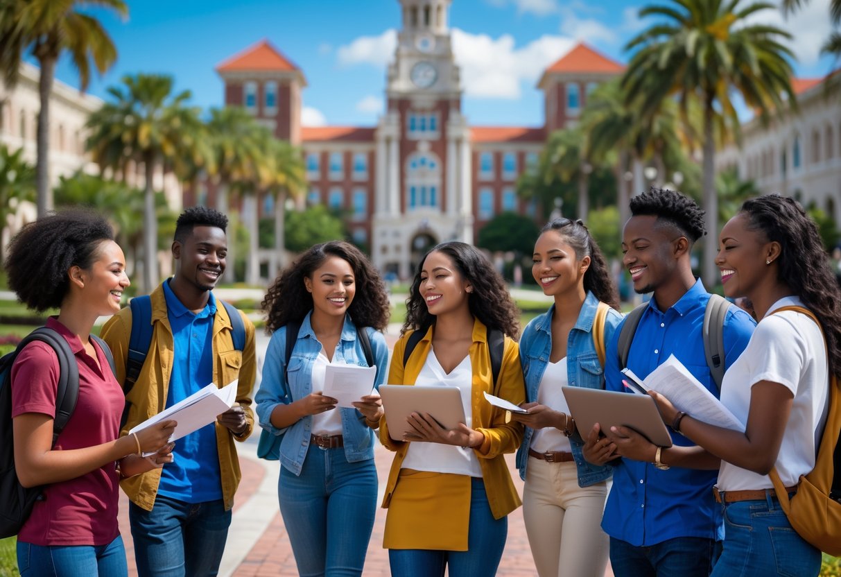 A group of diverse college students studying and interacting on a university campus with buildings and palm trees in the background.
