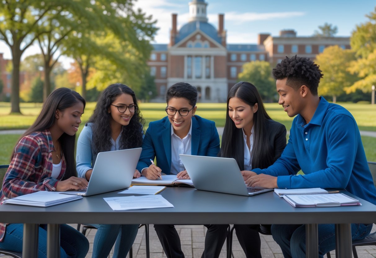 A group of diverse university students working together on laptops and documents outdoors on a university campus with campus buildings and green lawns in the background.