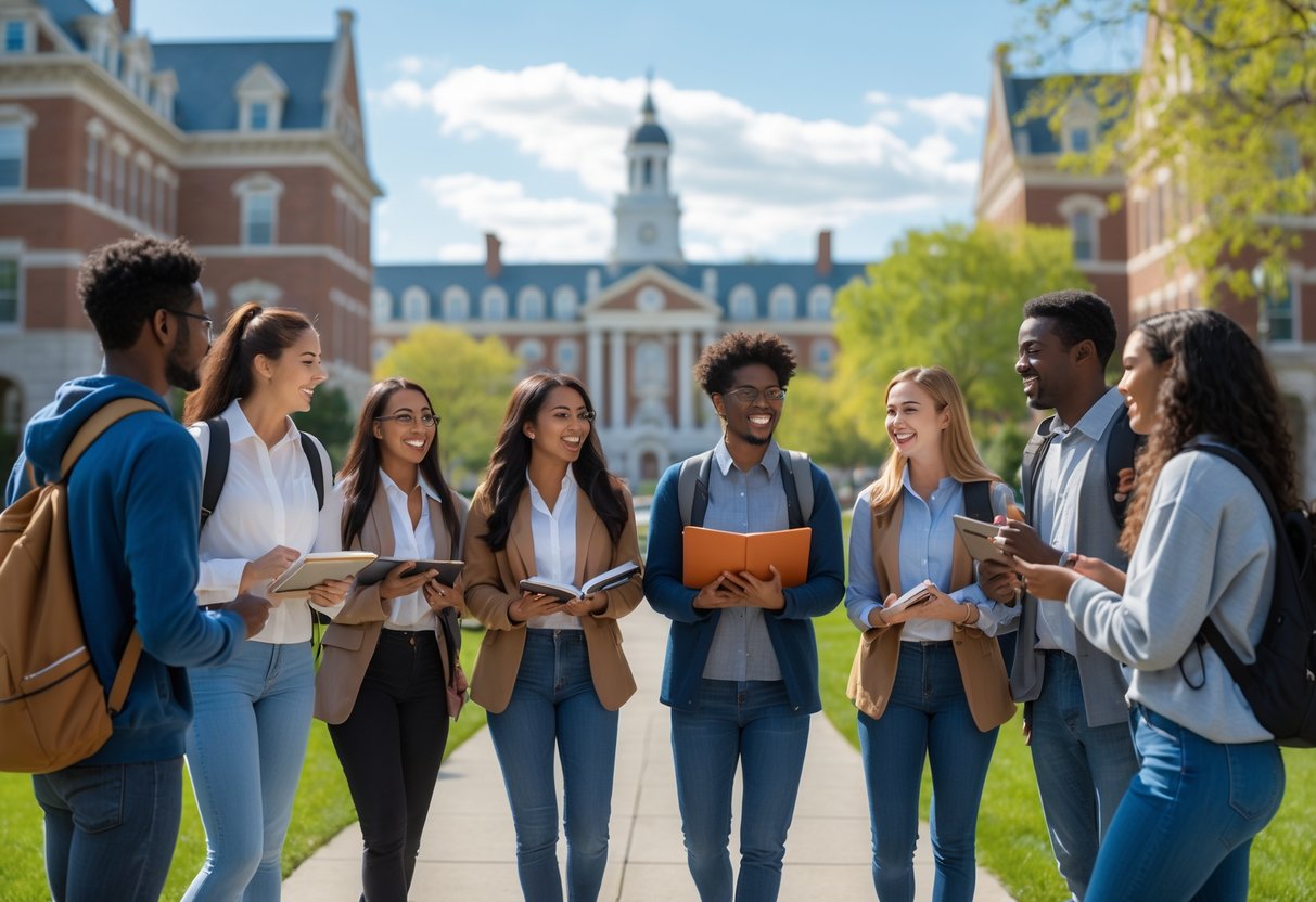 A diverse group of college students studying and talking together outdoors on a university campus with buildings and green lawns in the background.
