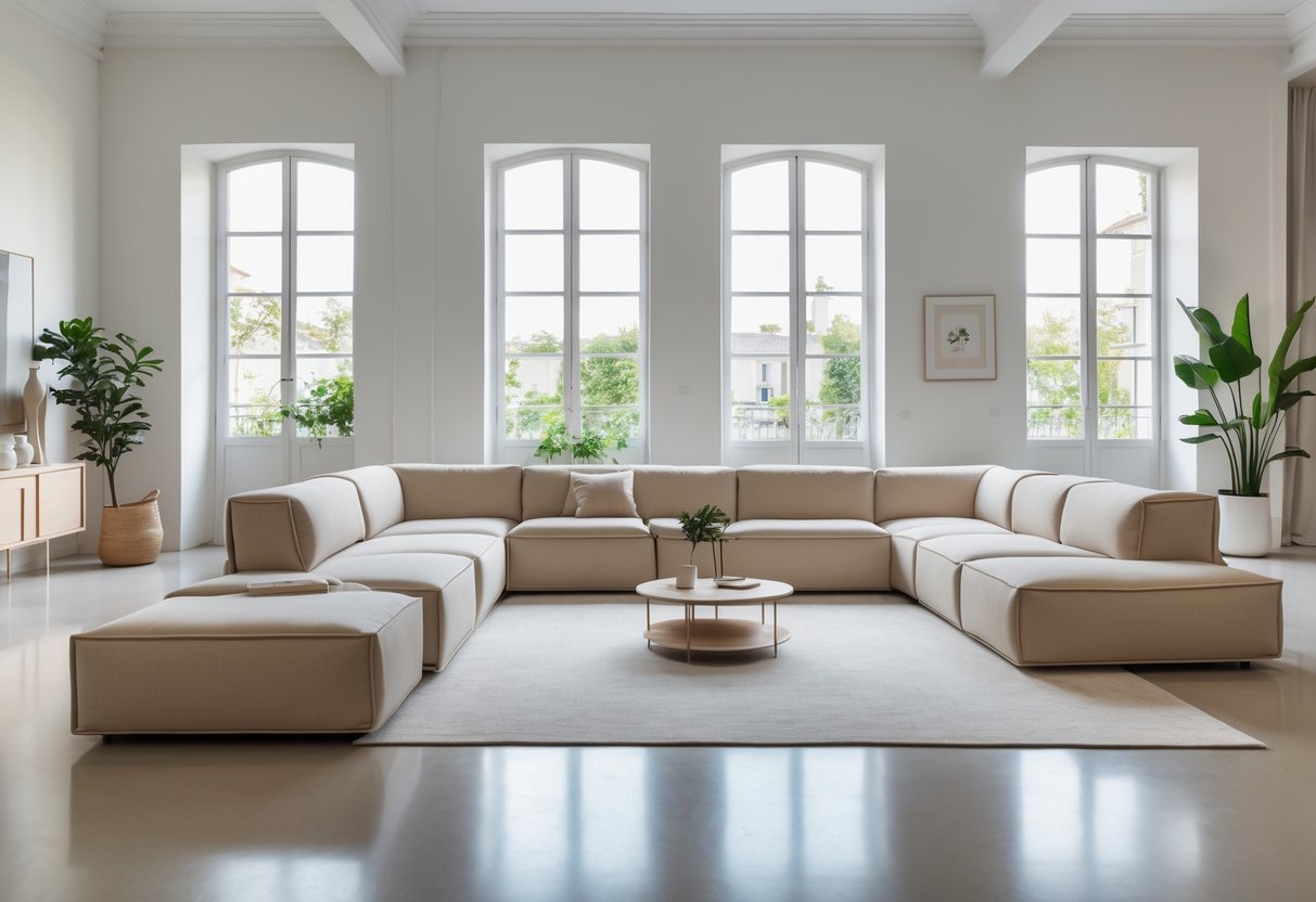 Un salon moderne en France avec des canapés modulables disposés de manière élégante dans une pièce lumineuse.