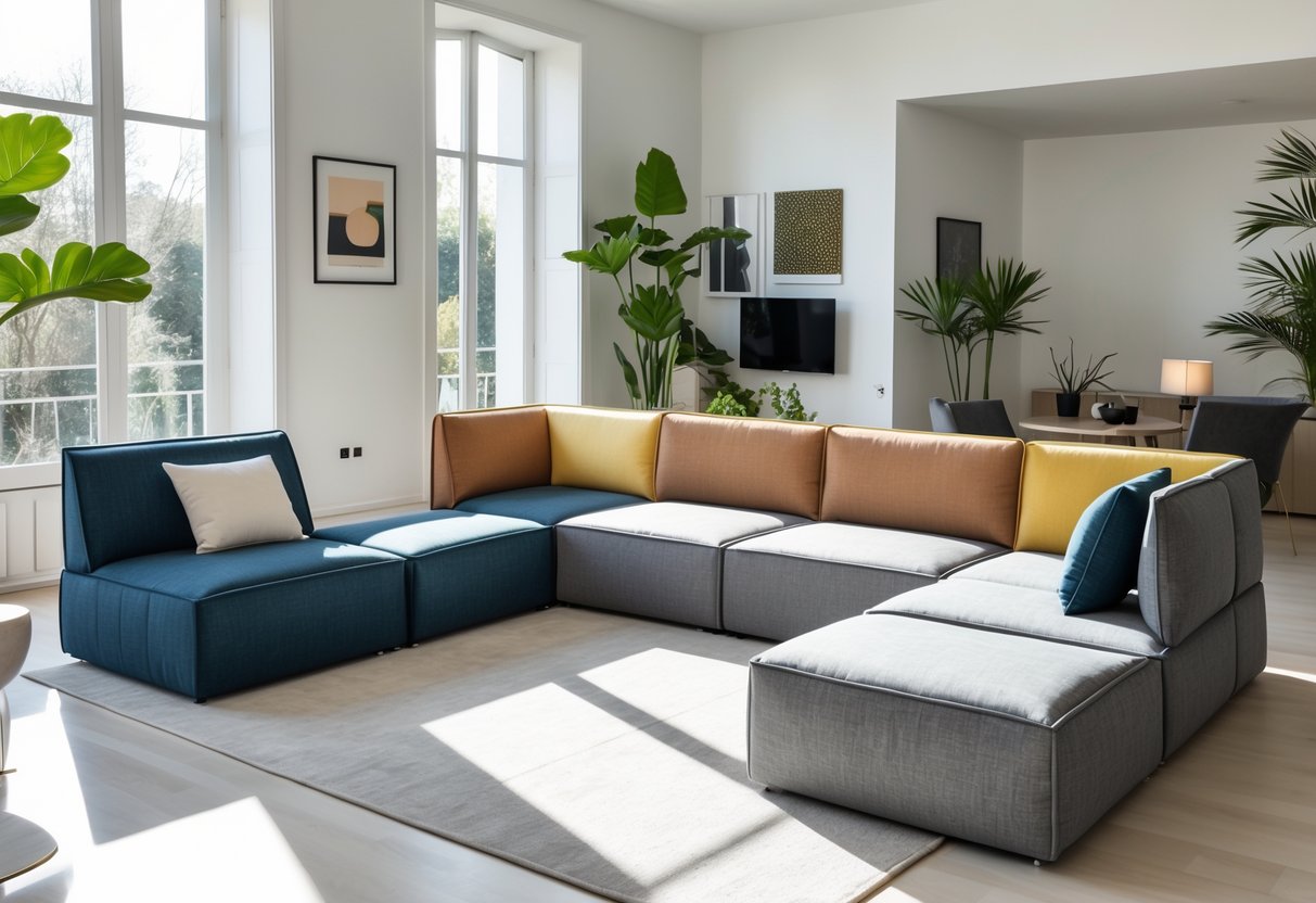 Un salon moderne avec un canapé modulable en forme de L, plusieurs sections et différentes couleurs, éclairé par la lumière naturelle.