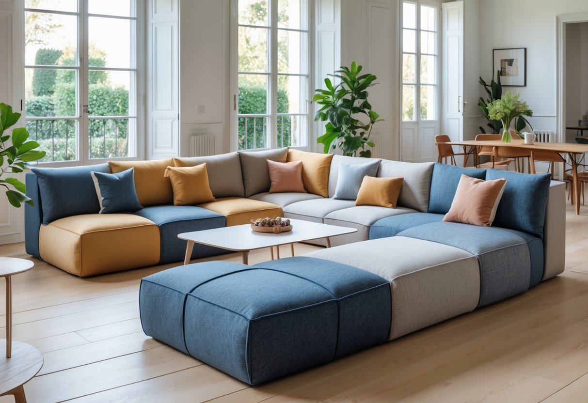 Un salon moderne avec un canapé modulable et personnalisable dans une maison en France.