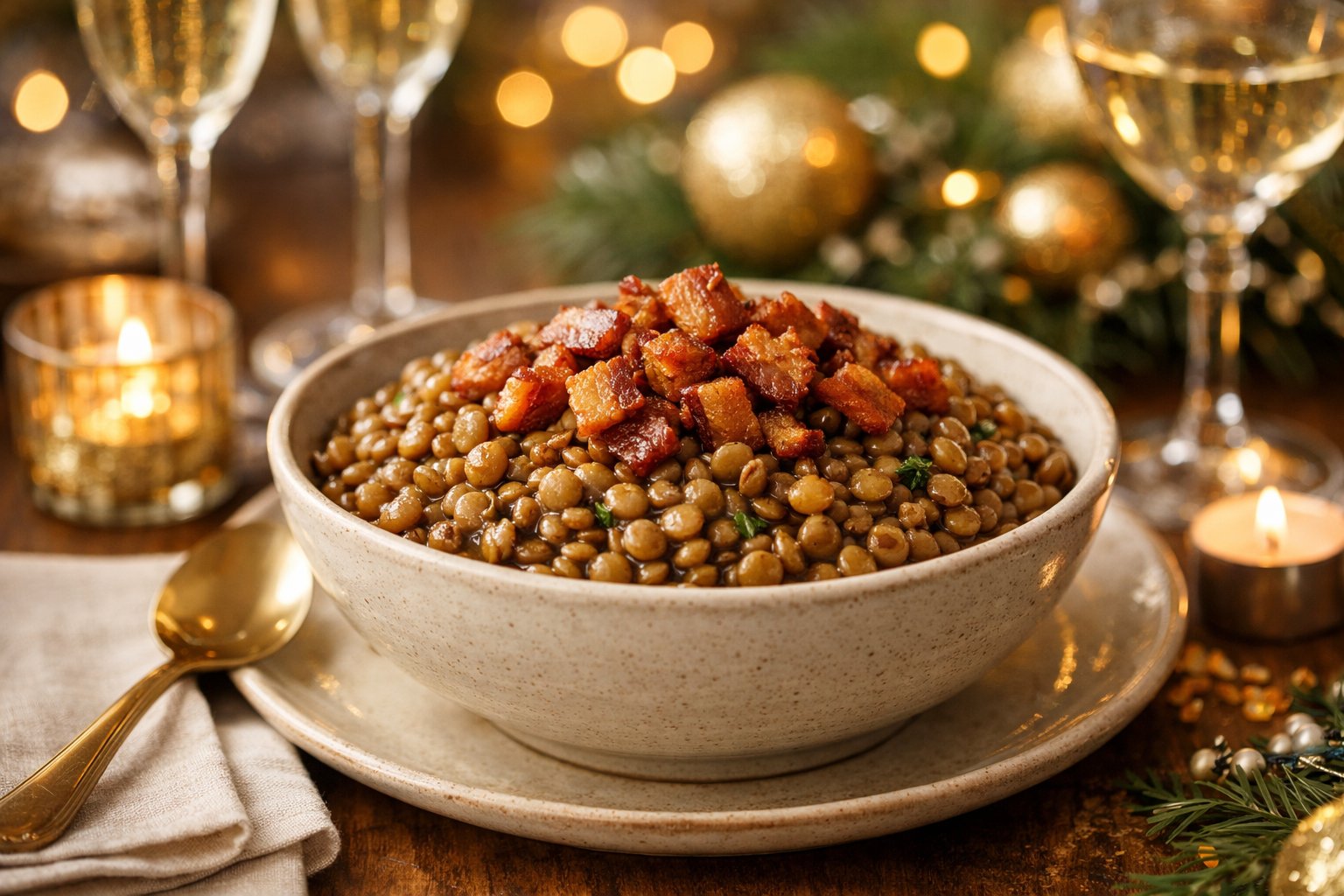 Uma tigela de lentilha da sorte com bacon crocante em uma mesa decorada para a ceia de Ano Novo.