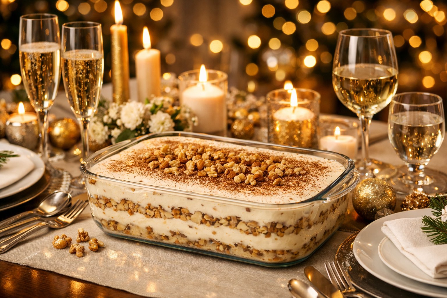 Mesa de ceia de Ano Novo com um pavê de nozes em destaque, rodeado por louças e decoração festiva.