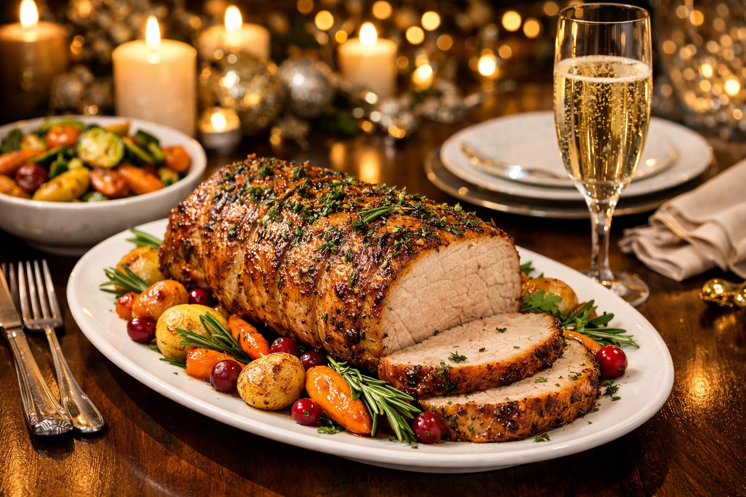 Lombo assado com ervas finas servido como prato principal em uma mesa de ceia de Ano Novo, com acompanhamentos e taça de vinho.