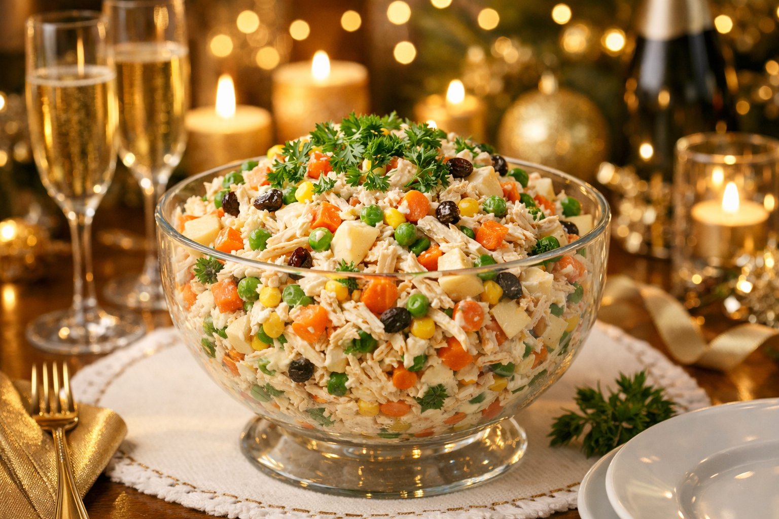 Salada de frango clássica em uma tigela de vidro sobre uma mesa de jantar decorada para a ceia de Ano Novo.