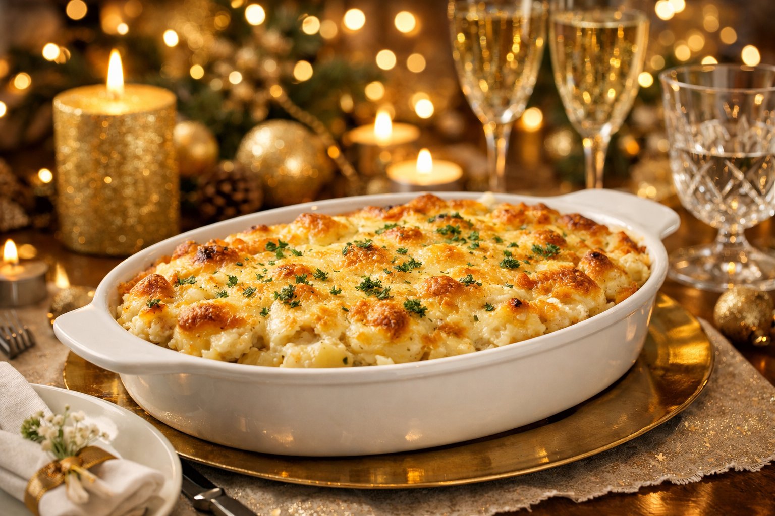 Prato de Bacalhau com Natas servido em mesa decorada para ceia de Ano Novo com velas e taças.