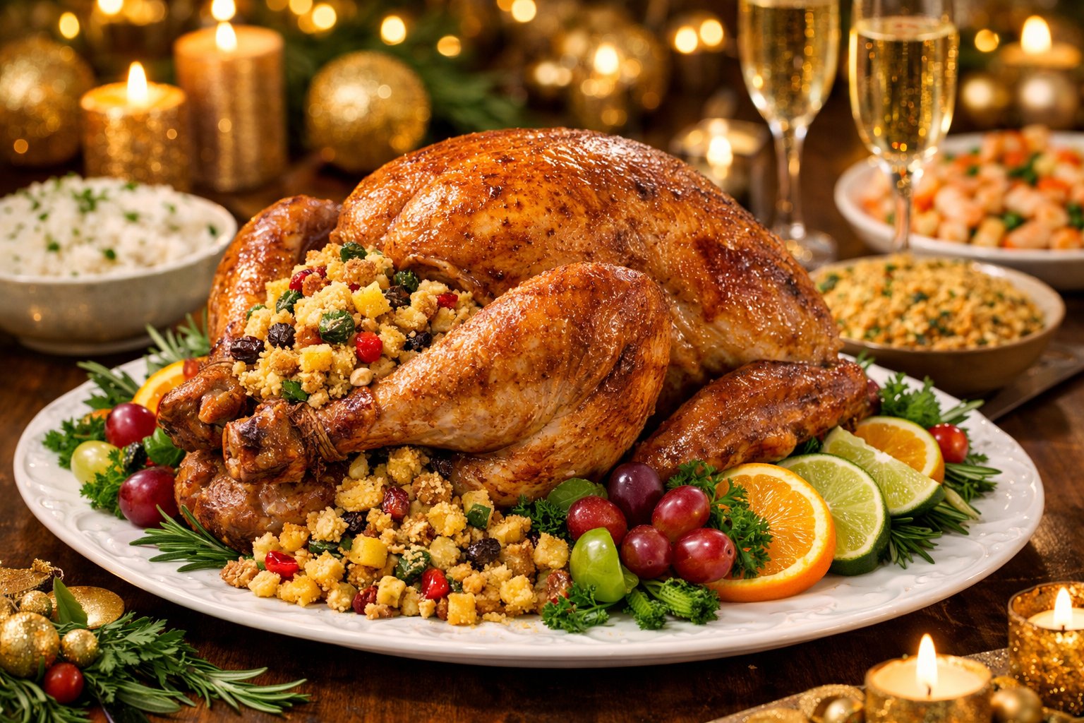 Peru recheado com farofa de frutas servido em uma mesa de ceia de ano novo, com guarnições coloridas ao redor.