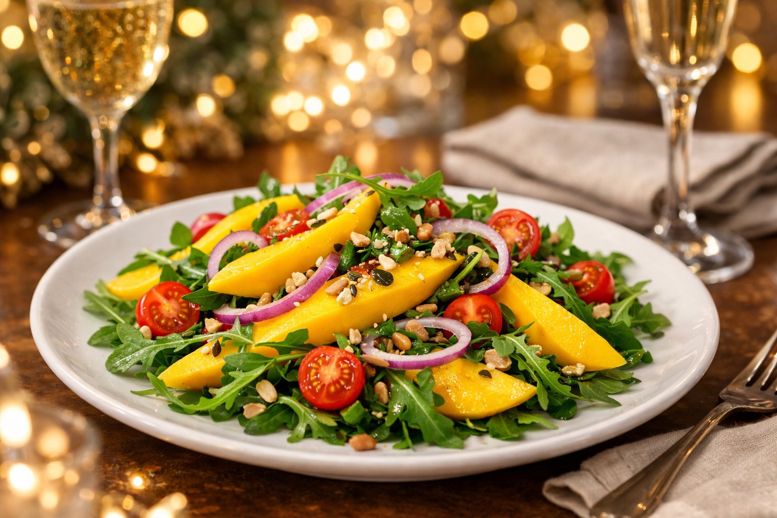 Salada tropical com manga e rúcula em um prato branco sobre uma mesa decorada para a ceia de Ano Novo.
