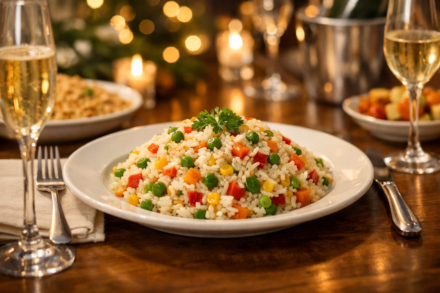 Prato de arroz à grega colorido em uma mesa posta para ceia de Ano Novo com decoração festiva ao fundo.