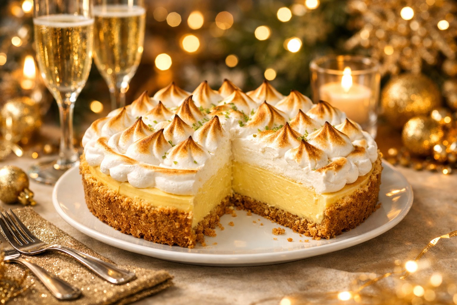 Uma torta de limão fatiada em uma mesa decorada para a ceia de Ano Novo, com taças de champanhe e luzes suaves ao fundo.