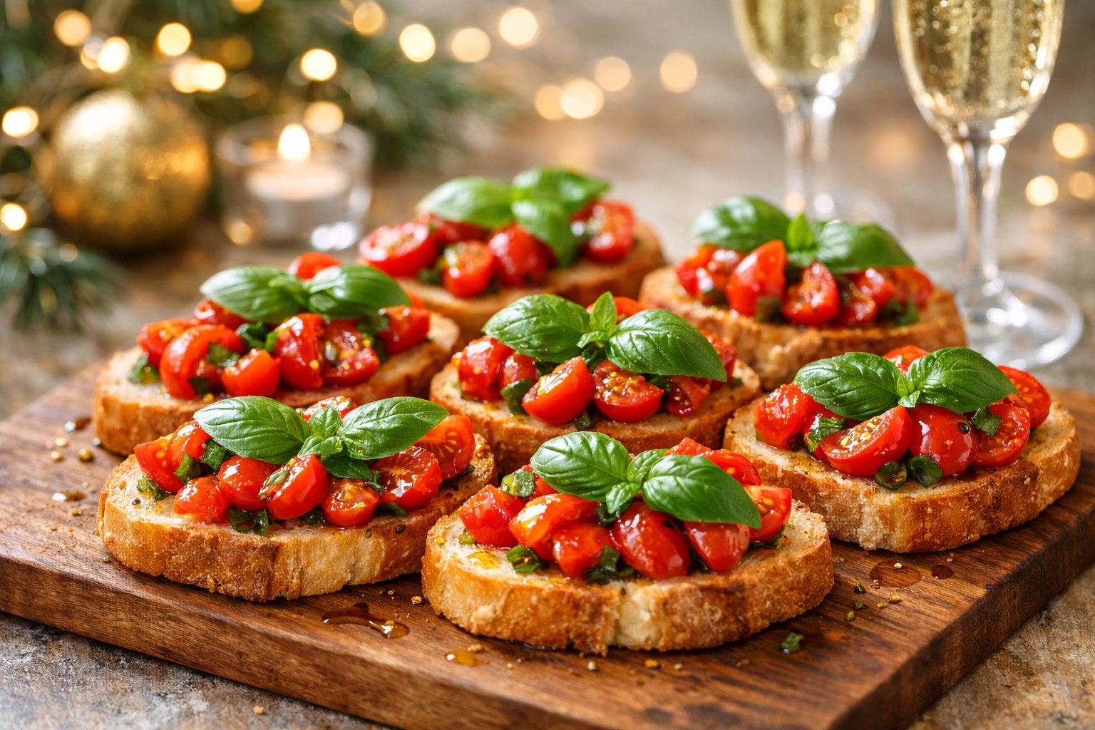 Tábua de bruschettas com tomate cereja e manjericão em uma mesa decorada para ceia de ano novo.