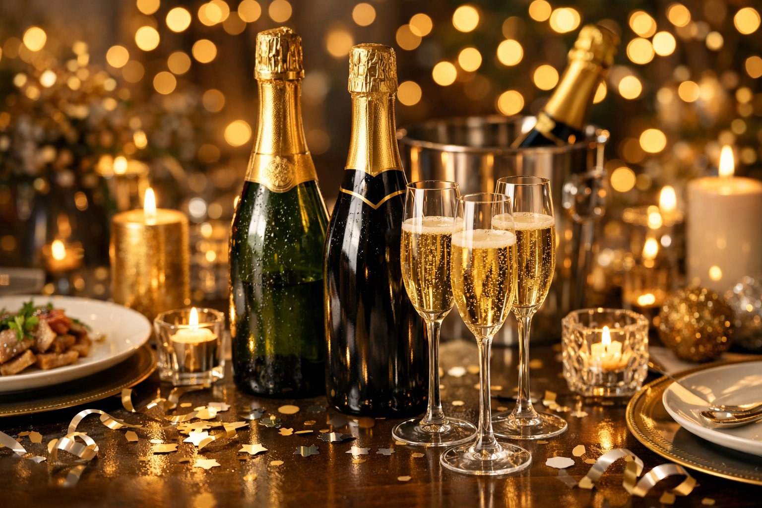 Mesa de ceia de Ano Novo com taças e garrafas de espumante brasileiro, decorada para celebração.