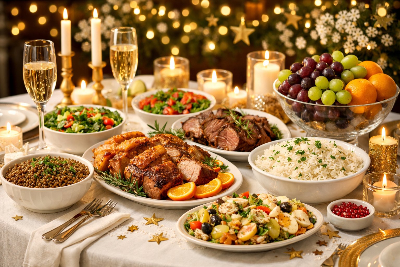Mesa de jantar decorada com pratos tradicionais da ceia de Ano Novo, incluindo lentilhas, carnes assadas, saladas e frutas, em ambiente acolhedor e festivo.