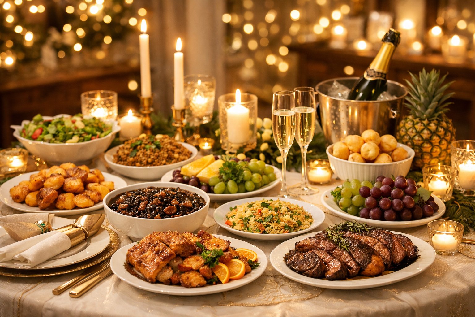 Mesa de jantar decorada para ceia de Ano Novo com pratos tradicionais, taças e velas acesas.